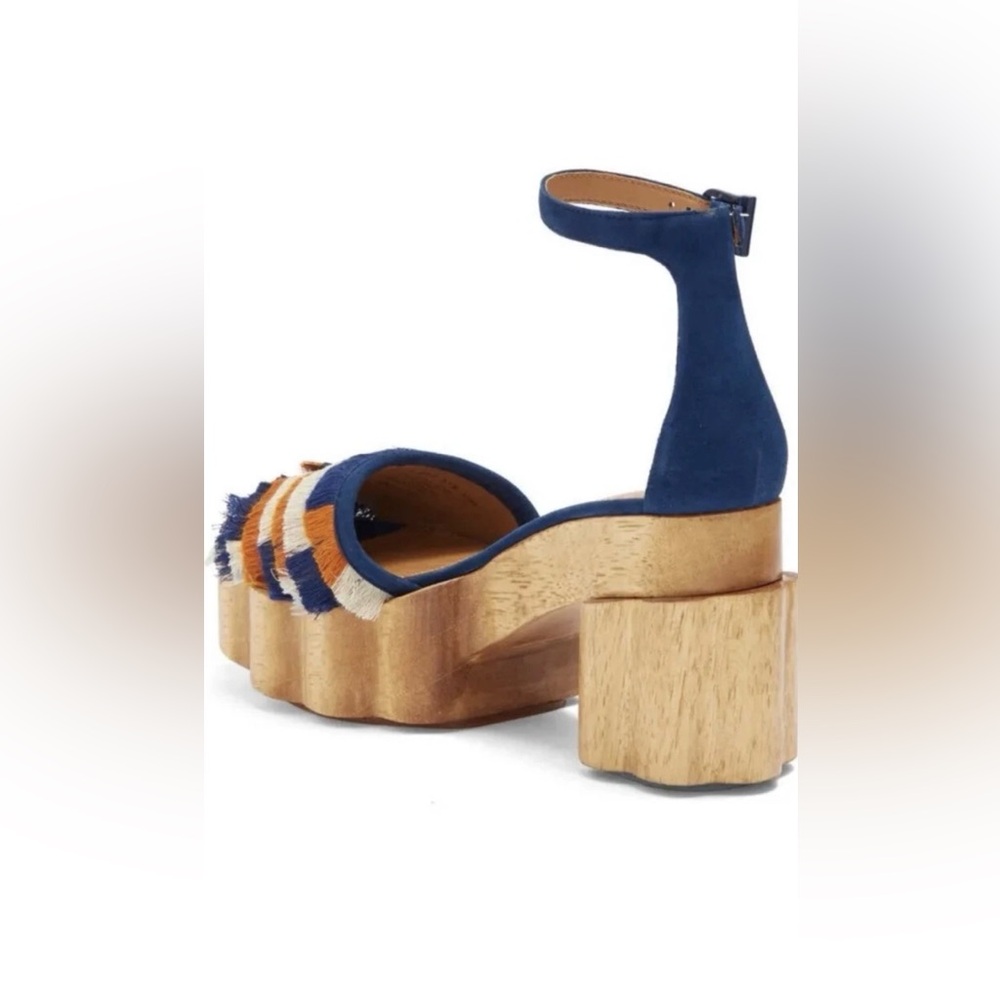 Tory Burch ALMA PLATFORM WOODEN Navy, Orange, and White Sandals, Size : 8.5 - Picture 3 of 14